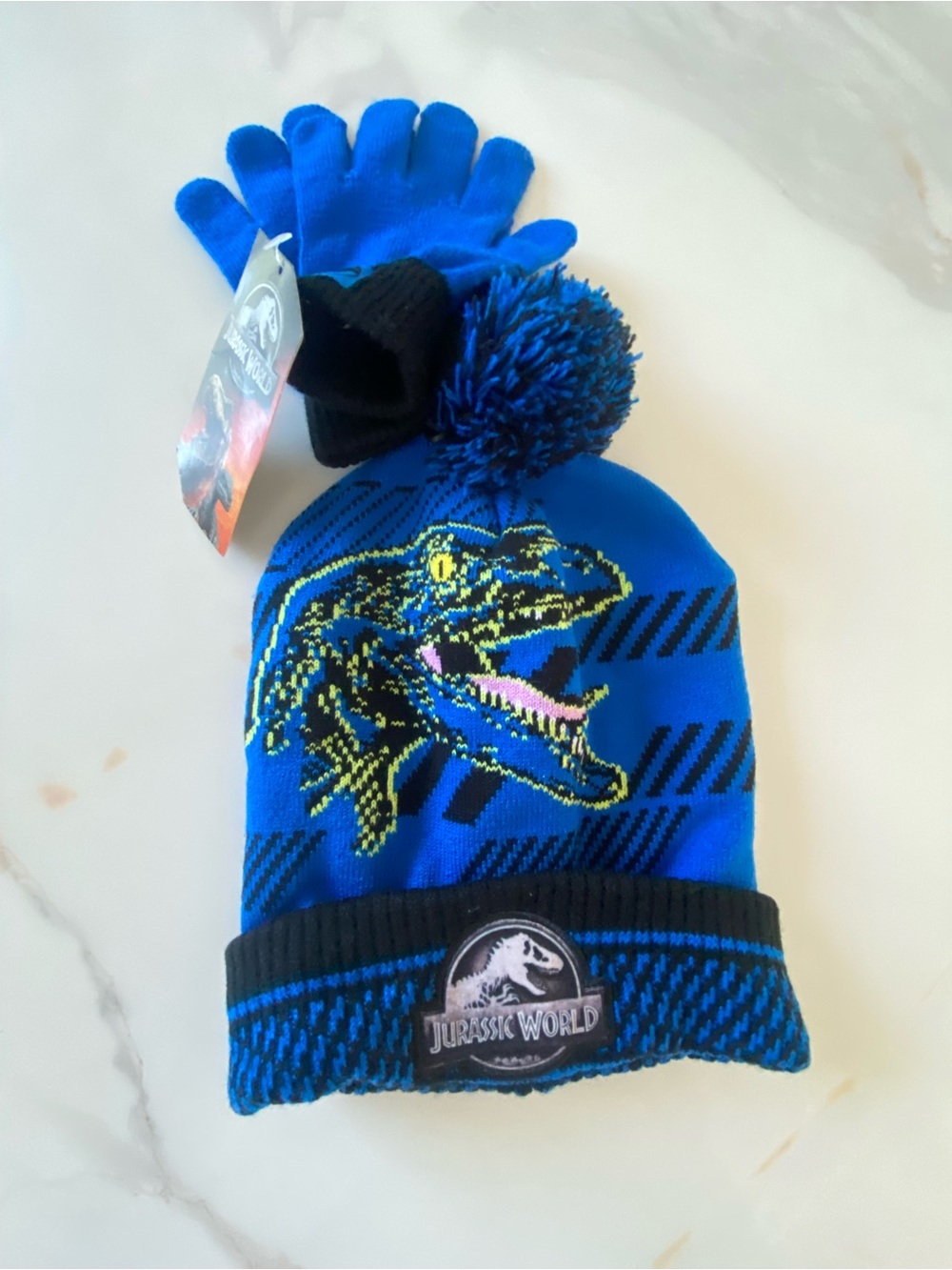 Jurassic World Boys Knit Hat & Gloves Set, Blue/Black, One Size, Stretch Warm